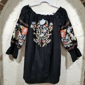 Free People Boho Embroidered Off Shoulder Puff Sleeves Shirt Dress Black Small?